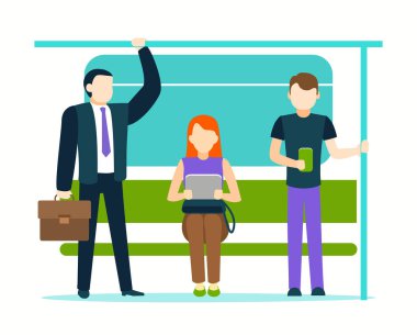 Karikatür Renk Karakterler İnsanlar Yolcular Toplu Taşıma Içinde. Vektör