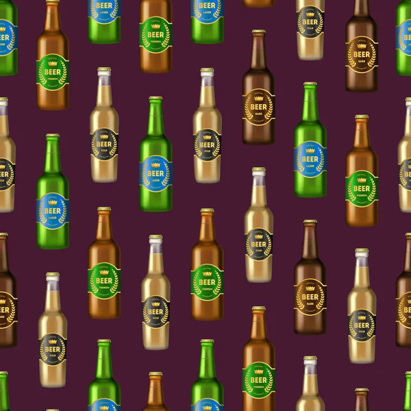 Realista detallada 3d botellas de cerveza de vidrio sin costura Patrón de fondo. Vector — Vector de stock