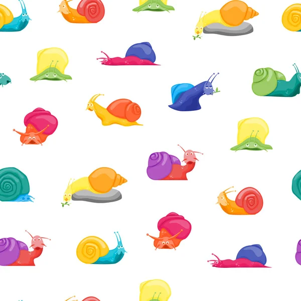 Personajes de dibujos animados de color Funny Snails Seamless Pattern Background. Vector — Archivo Imágenes Vectoriales