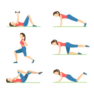 Karikatür Renk Karakter Kadın Ev Egzersiz Seti olun. Vektör