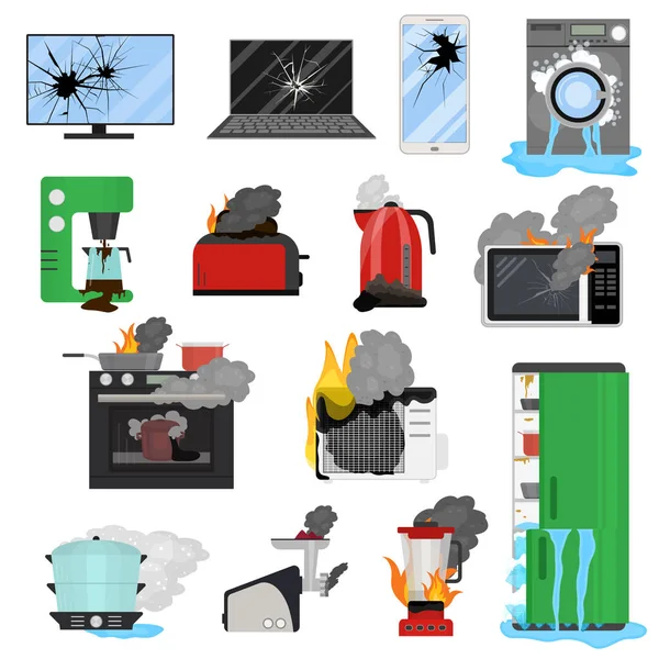 Cartoon Color Broken Appliance Icon Set. Вектор — стоковый вектор