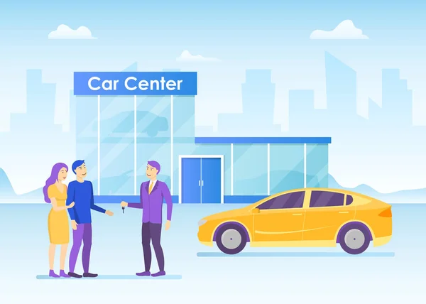Tecknad färg tecken människor par att köpa bil koncept. Vektor — Stock vektor