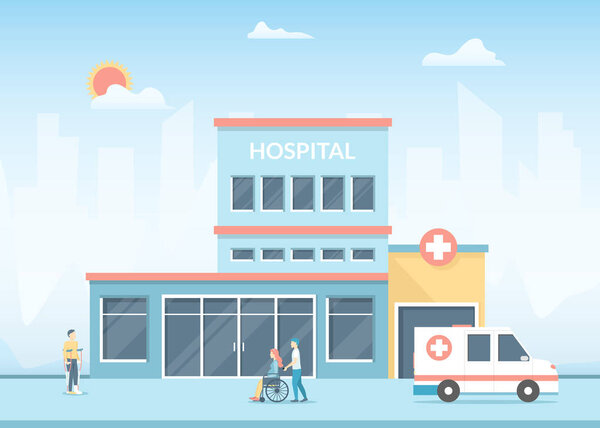 Здание больницы на ландшафтном фоне. Вектор
