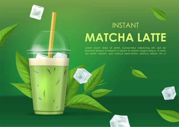 Realistico 3d dettagliata istantanea Matcha Latte Ad Concept Card sfondo. Vettore — Vettoriale Stock