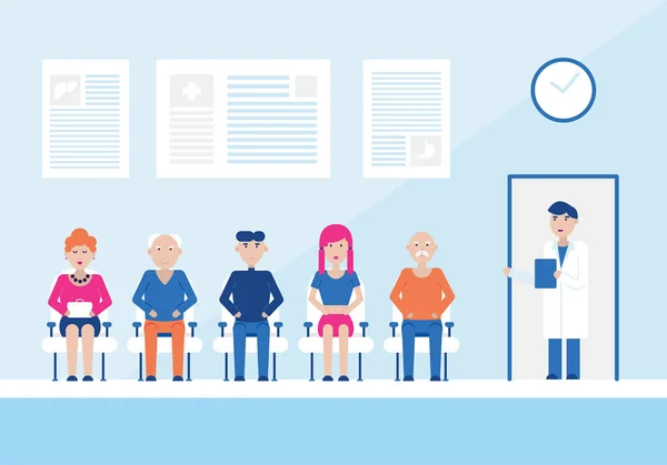 Tecknad färg tecken människor patienter läkare väntar koncept. Vektor — Stock vektor