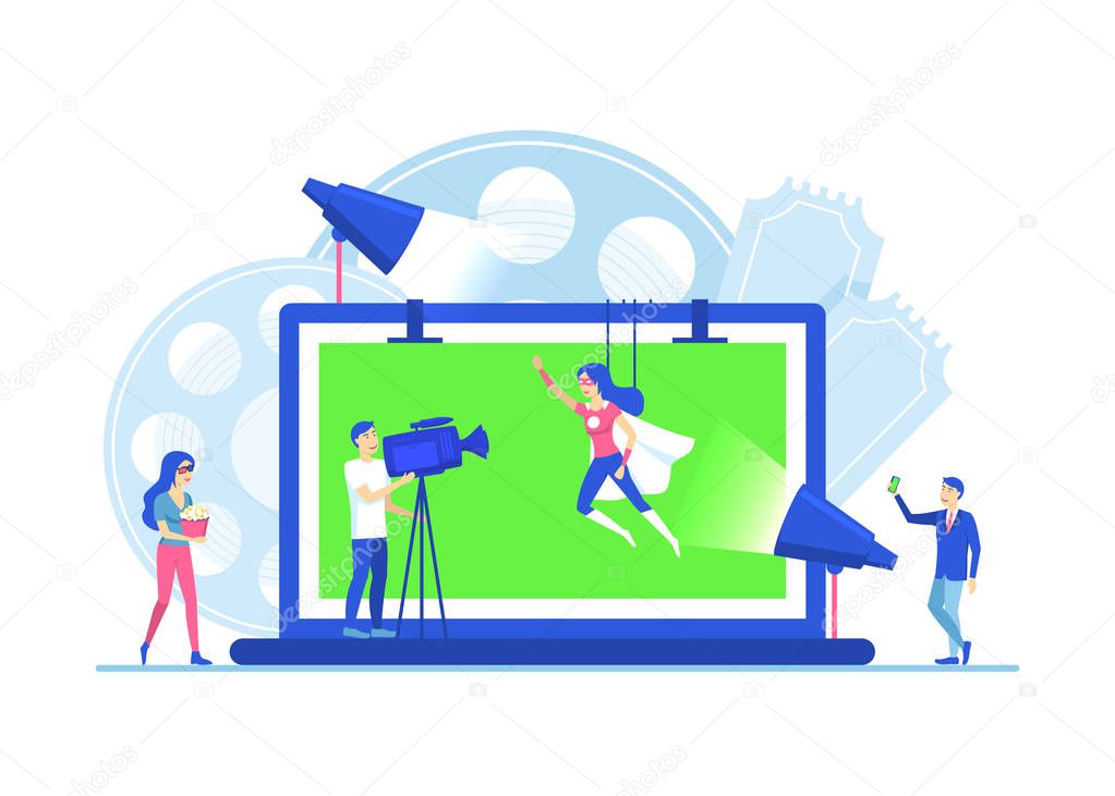Cartoon Color Characters People Making Movie Video Production Concept. Vector