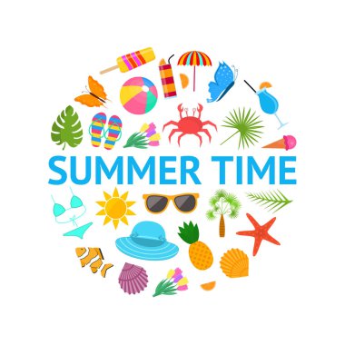 Yaz Saati Renk Öğeleri Yuvarlak Tasarım Şablonu Reklam. Vektör