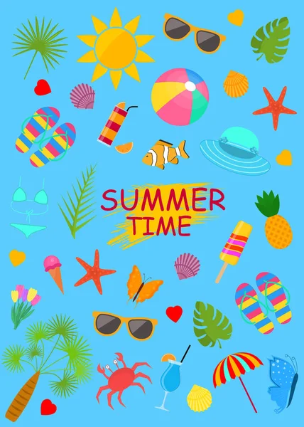Summer Time Color Elements Set on a Blue. Vector — Stock Vector