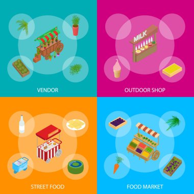 Satıcı Gıda Sokak İşaretler 3d Banner Set İzometrik Görünüm. Vektör