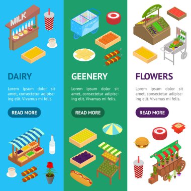 Satıcı Gıda Sokak İşaretler 3d Banner Vecrtical Set İzometrik Görünüm. Vektör