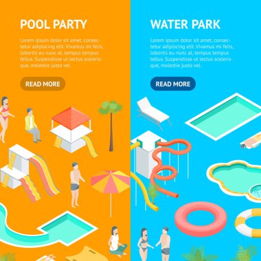 Su Parkı Kavramı Afiş Vecrtical Set 3d İzometrik Görünümü Toprakları. Vektör