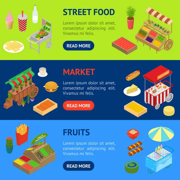 Satıcı Gıda Sokak İşaretler 3d Banner Yatay Set İzometrik Görünüm. Vektör