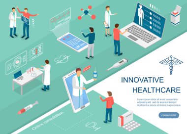 Doktorlar Yenilikçi Sağlık Kavramı 3d İzometrik Görünüm. Vektör