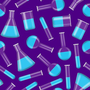 Gerçekçi Detaylı 3d Kimyasal Cam Flasks Dikişsiz Desen Arka Plan. Vektör