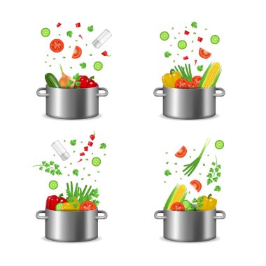 Gerçekçi Detaylı 3d Gıda Malzemeler Fly Pot Set. Vektör