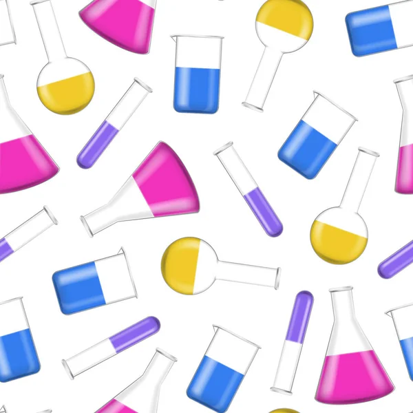 Gerçekçi Detaylı 3d Kimyasal Cam Flasks Dikişsiz Desen Arka Plan. Vektör