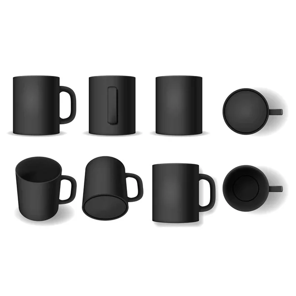 Realista Detalhado 3d Blank Black Cup Modelo Mockup Set. Vetor — Vetor de Stock