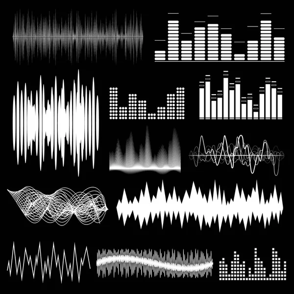 Silhouette biała Cyfrowa muzyka Equalizer zestaw na czarnym tle. Wektor — Wektor stockowy