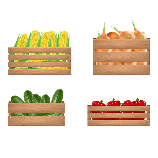 Realistico dettagliato 3d verdure set di scatole di legno. Vettore — Vettoriale Stock
