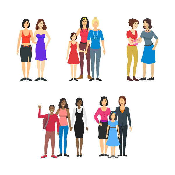 Cartoon Characters Different Female Homosexual Couples Families Set. Vector