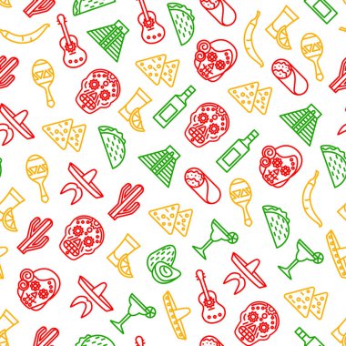 Meksika Seyahat ve Turizm İşaretler İnce Çizgi Dikişsiz Desen Arka Plan. Vektör