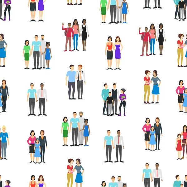 Χαρακτήρες κινουμένων σχεδίων διαφορετικό ομοφυλοφιλικό ζευγάρια οικογένειες χωρίς ραφές μοτίβο φόντο. Διάνυσμα — Διανυσματικό Αρχείο