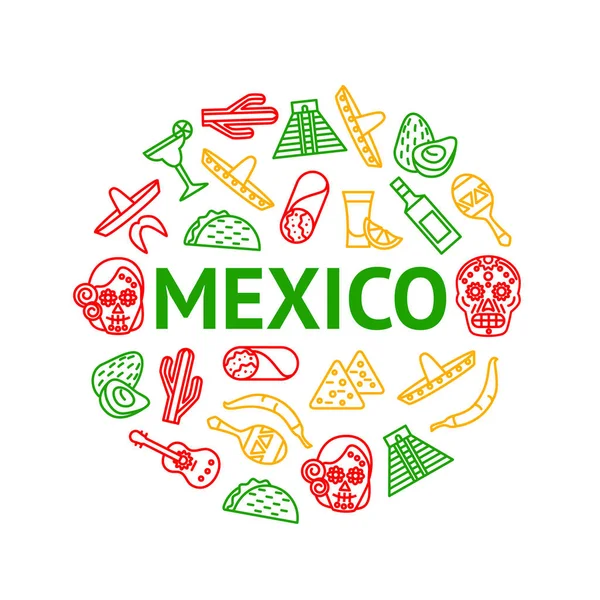 Mexican Travel and Tourism Signs Thin Line Round Design Template Ad (em inglês). Vetor — Vetor de Stock