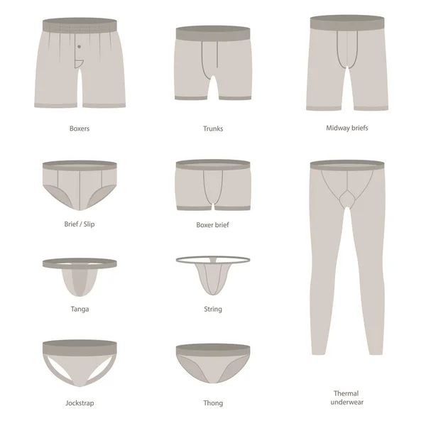 Kreslené mužské spodní prádlo různé typy sada ikon. Vektorové — Stockový vektor