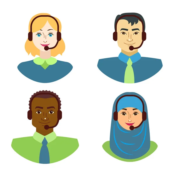 Kreslené barevné znaky lidé multirasové Call centrum avatary sada ikon. Vektorové — Stockový vektor
