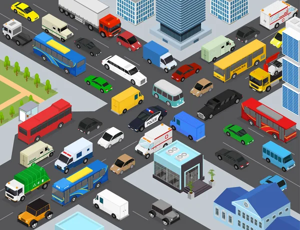 城市景观背景场景概念 3D 等轴测视图上的交通堵塞。向量 — 图库矢量图片