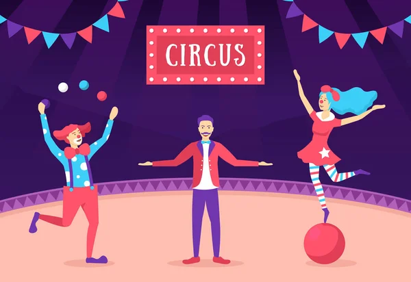 Personagens de cores dos desenhos animados Pessoas com conceito de show de circo. Vetor — Vetor de Stock
