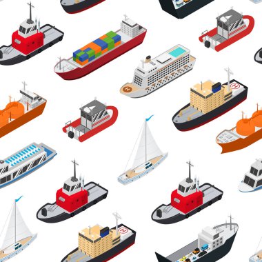 Ticari Deniz Gemileri İşaretler 3d Dikişsiz Desen Arka Plan İzometrik Görünüm. Vektör