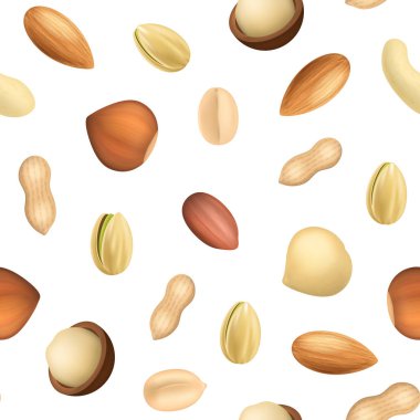 Gerçekçi Detaylı 3d Farklı Türleri Fındık Dikişsiz Desen Arka Plan. Vektör