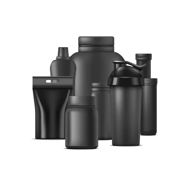 Realistische detaillierte 3D schwarze leere Sportnahrungsbehälter Vorlage Attrappe Gruppe. Vektor — Stockvektor
