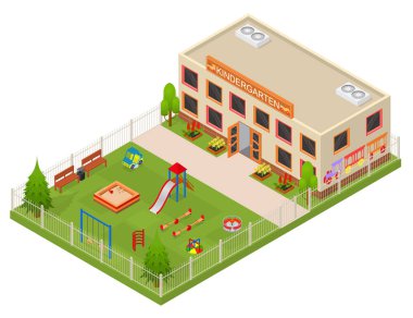 Kinder Bahçe Binası Konsept 3d İzometrik Görünüm. Vektör