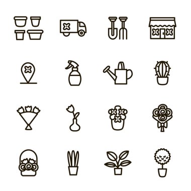 Çiçek Dükkanı Tabela Siyah İnce Çizgi Simge Seti. Vektör