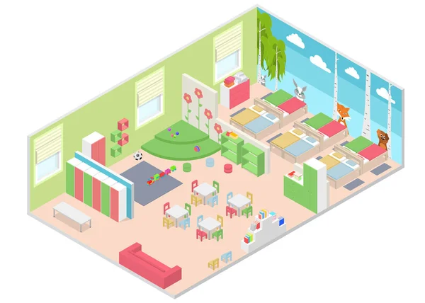 Jardin d'enfants Intérieur de la chambre avec mobilier Vue imprenable. Vecteur — Image vectorielle