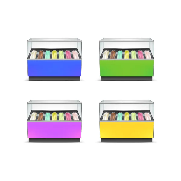 アイスクリームのための現実的な詳細な3Dカラフルな冷蔵庫。ベクトル — ストックベクタ
