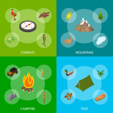 Bir Park Konsept Afiş Seti 3d İzometrik Görünüm yürüyüş. Vektör