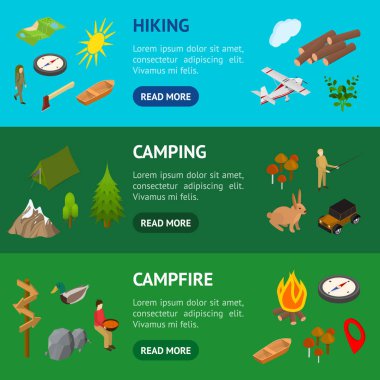 Bir Park Konsept Afiş Yatay Set 3d İzometrik Görünüm Yürüyüş. Vektör