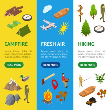 Bir Park Konsept Afiş Vecrtical Set 3d İzometrik Görünümü yürüyüş. Vektör