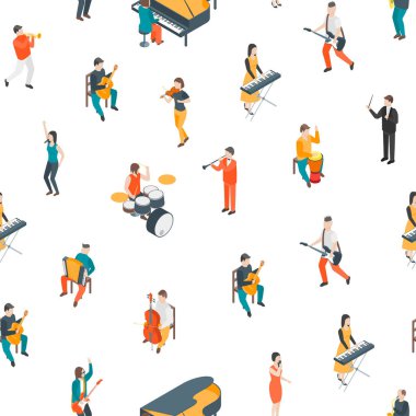Karakterler Farklı Müzisyenler İnsanlar Dikişsiz Desen Arka Plan 3d İzometrik Görünüm. Vektör