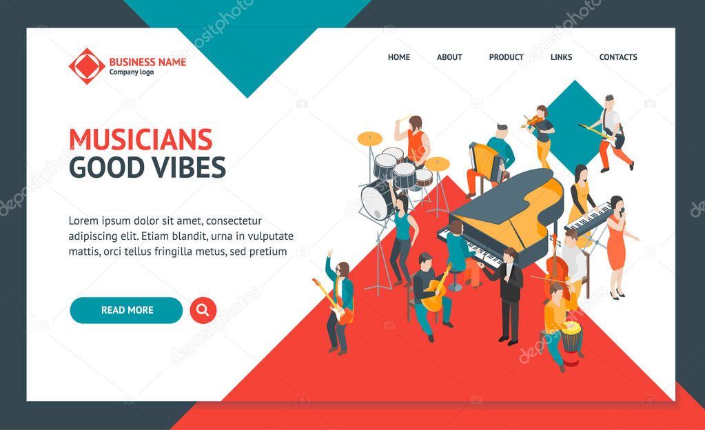 Characters Different Musicians People Landing Web Page Template 3d Isometric View. Vector