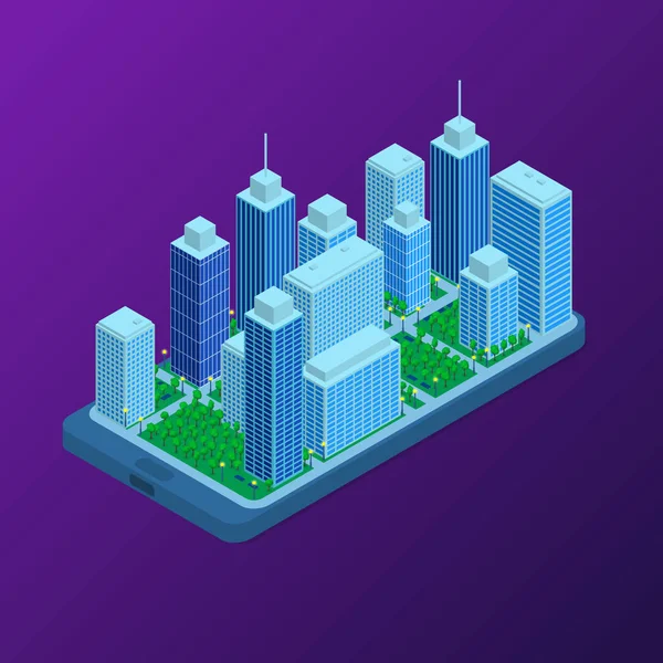 City Map on Mobile Phone Application Concept 3D Isometric View (em inglês). Vetor — Vetor de Stock