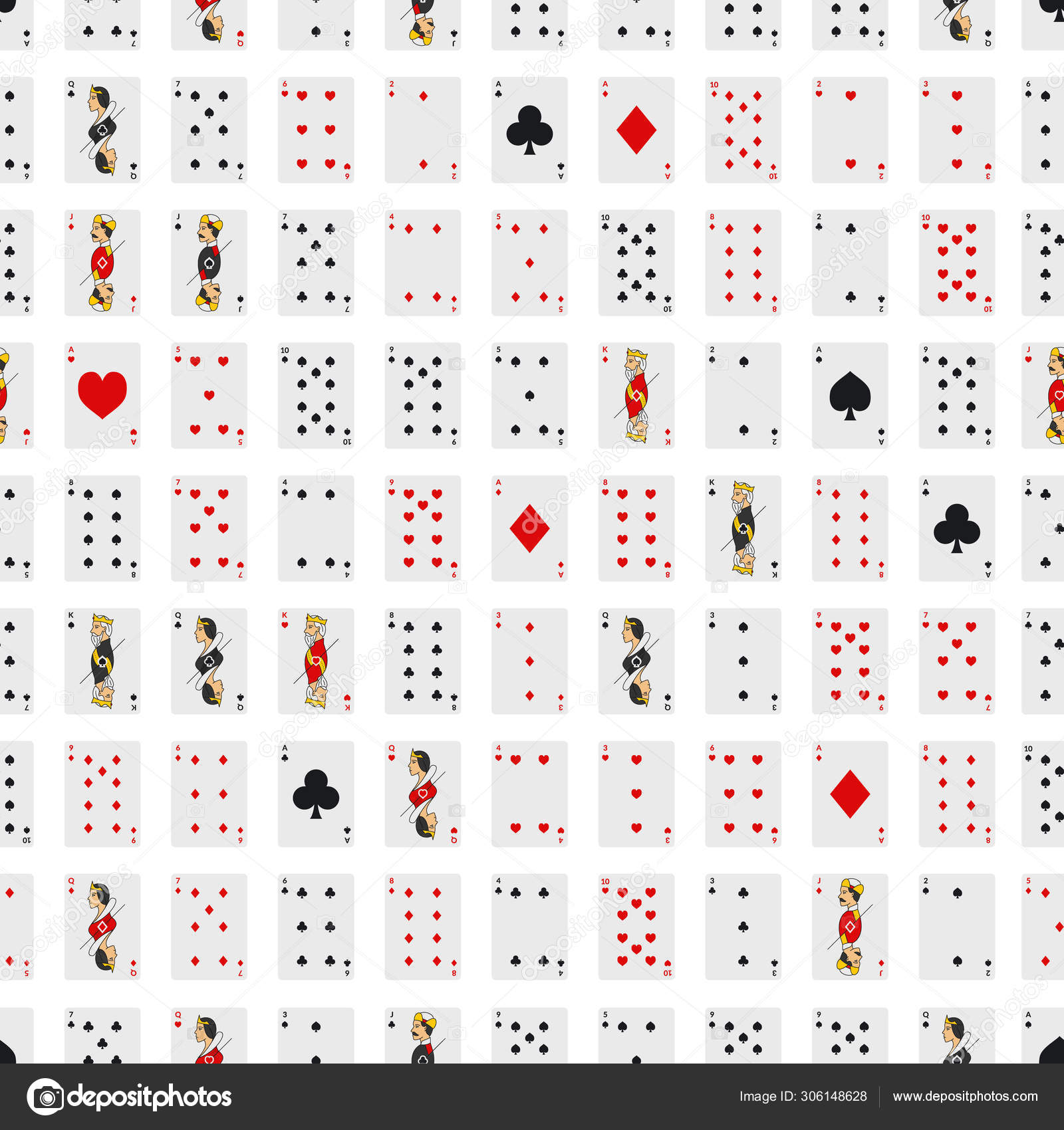 Poker Playing Cards Full Deck Seamless Pattern Background. Vector Stock