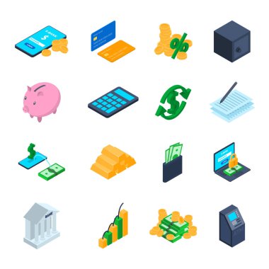Finans İşareti 3d Simge Seti İzometrik Görünüm. Vektör