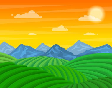Karikatür Çay Plantation Yeşil Alanlar Manzara Arka Plan Sahnesi. Vektör