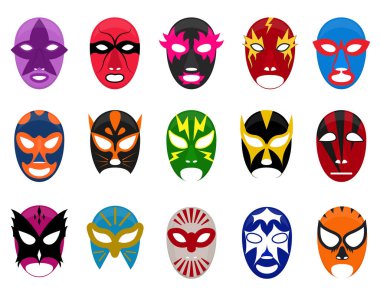 Cartoon Color Mexican Wrestling Mask Icon Set. Vector clipart