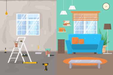 Cartoon Color Room Before and After Repair Concept. Vector
