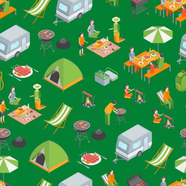 Piknik Barbekü Dikişsiz Desen Arka Plan İzometrik Görünümü. Vektör